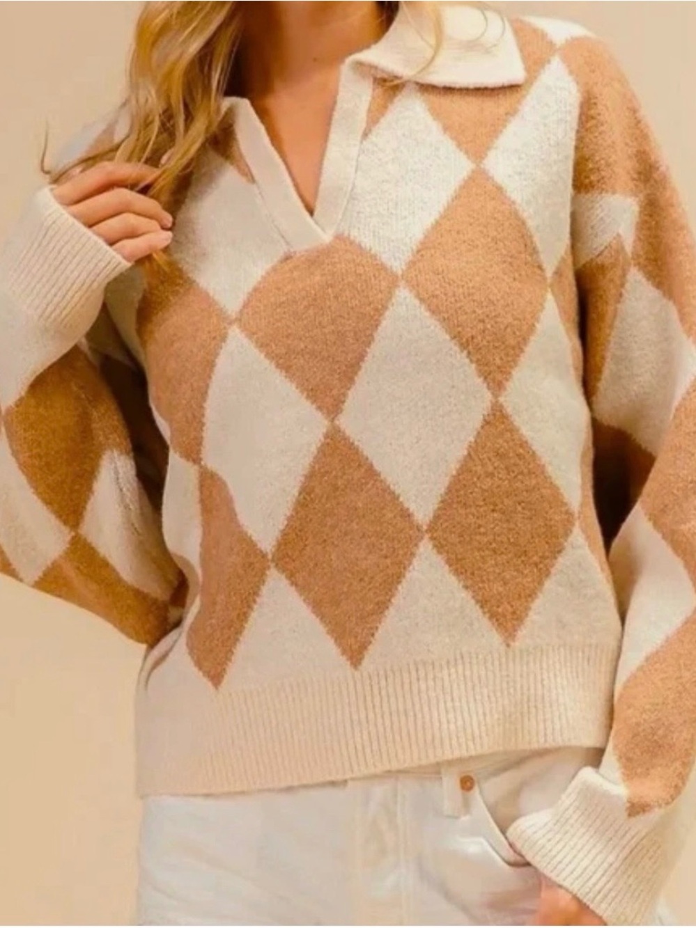 Cozy Argyle Polo Sweater in Beige and Cream